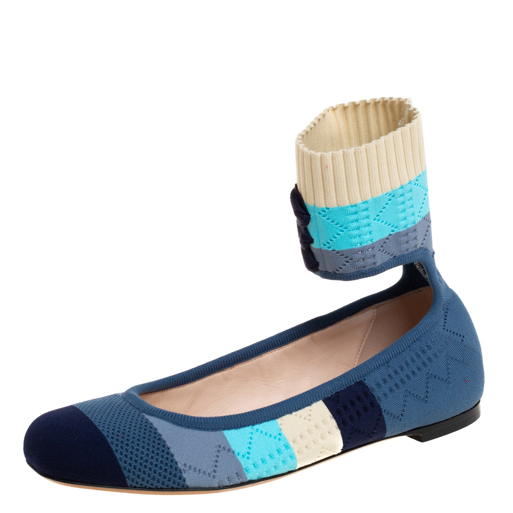 Fendi Multicolor Knit Fabric Rockoko Pointelle Ankle Cuff Ballet Flats Size 37.5