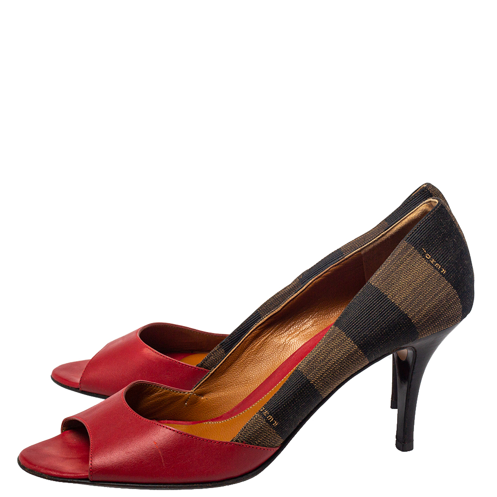Fendi Red Leather And Brown Pequin Canvas Peep Toe Pumps Size 39.5