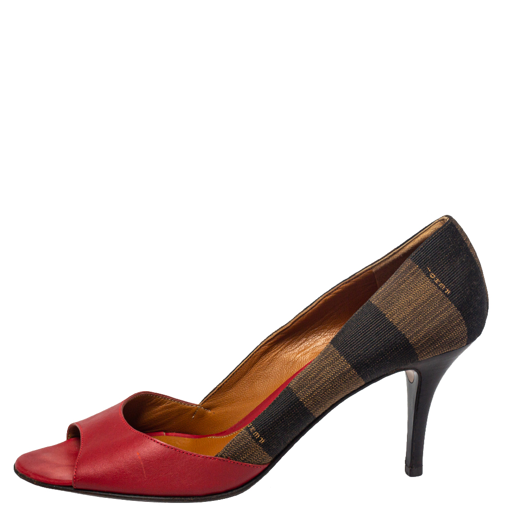 Fendi Red Leather And Brown Pequin Canvas Peep Toe Pumps Size 39.5