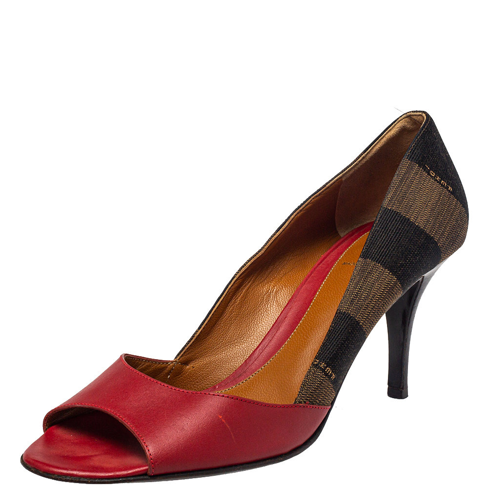 Fendi Red Leather And Brown Pequin Canvas Peep Toe Pumps Size 39.5