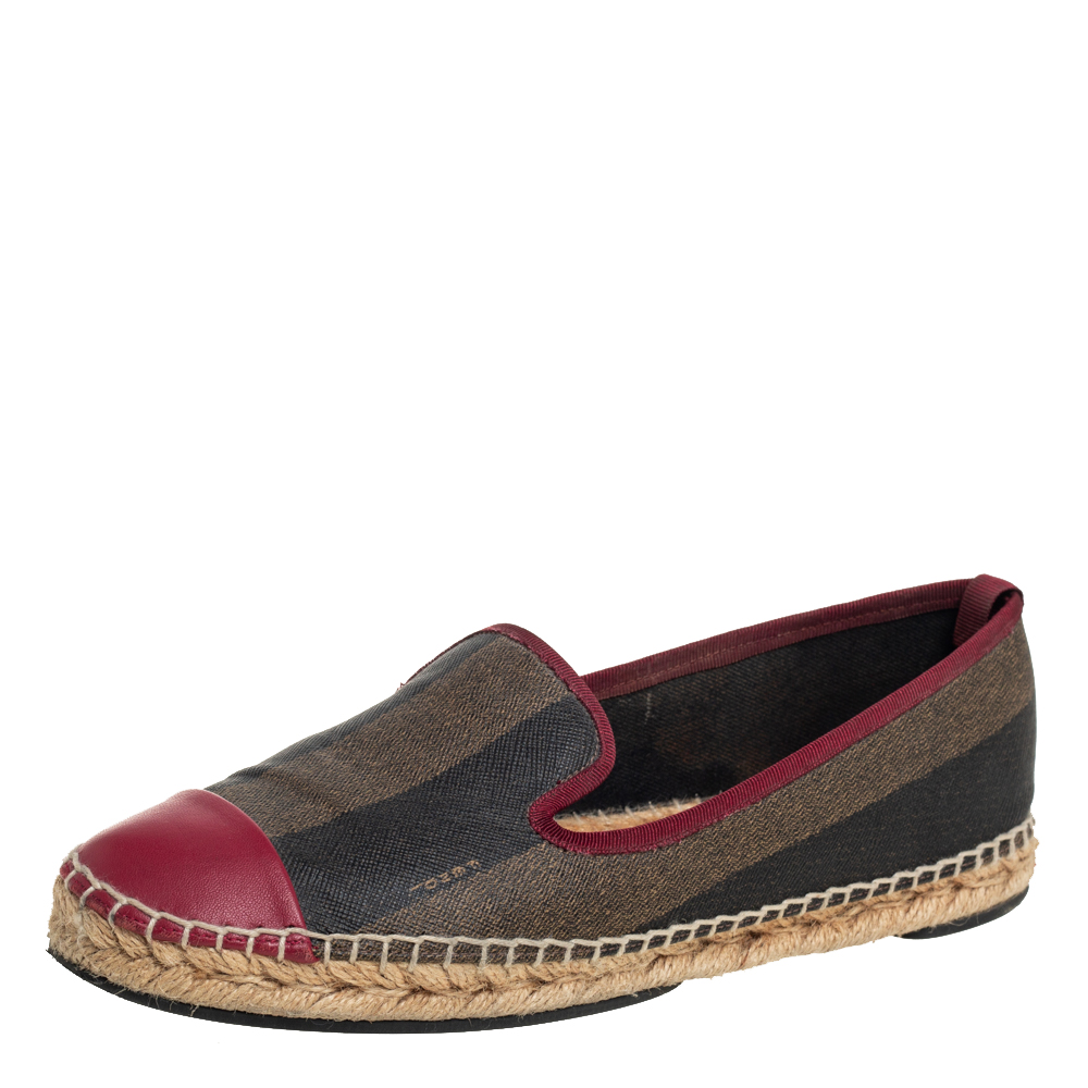 Fendi Red/Beige Canvas And Leather Espadrille Flats Size 39