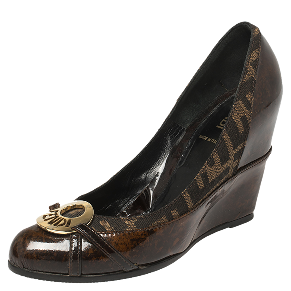 Fendi Brown Patent Leather And Zucca Trim Logo Wedge Pumps Size 37.5