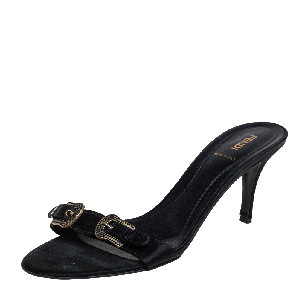 Fendi Black Satin Buckle Embellished Slide Sandals Size 39.5