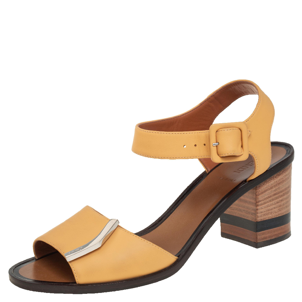 Fendi Yellow Leather Block Heel Ankle Strap Sandals Size 39