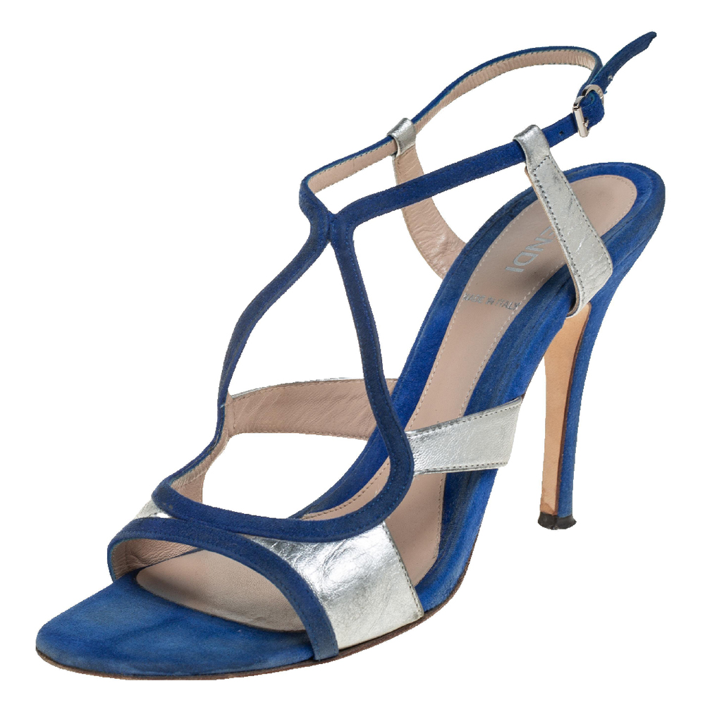 Fendi Blue/Silver Leather And Suede Strappy Sandals Size 37.5