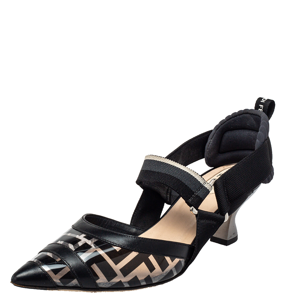 Fendi Black Zucca PVC And Leather Colibri Slingback Sandals Size 38