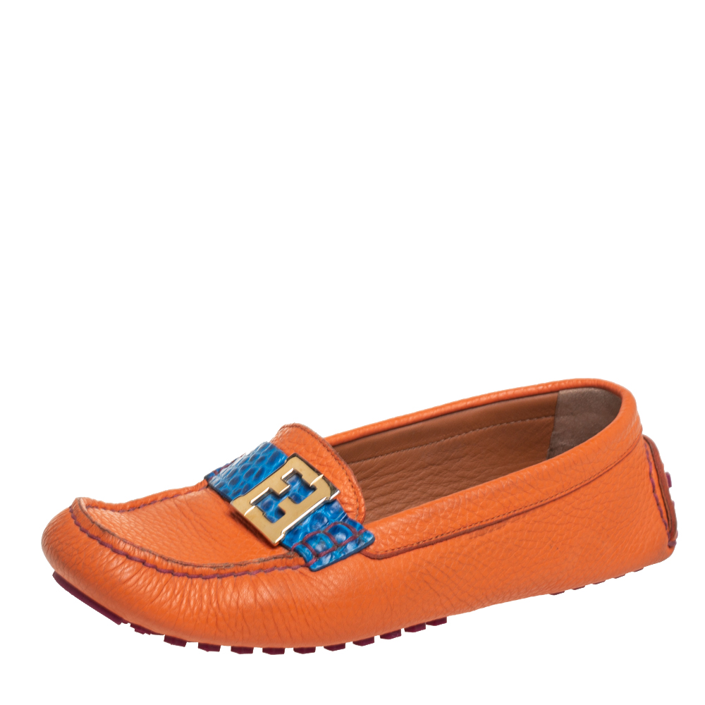 Fendi Orange/Blue Leather And Croc Embossed Leather FF Logo Slip On Loafers Size 37