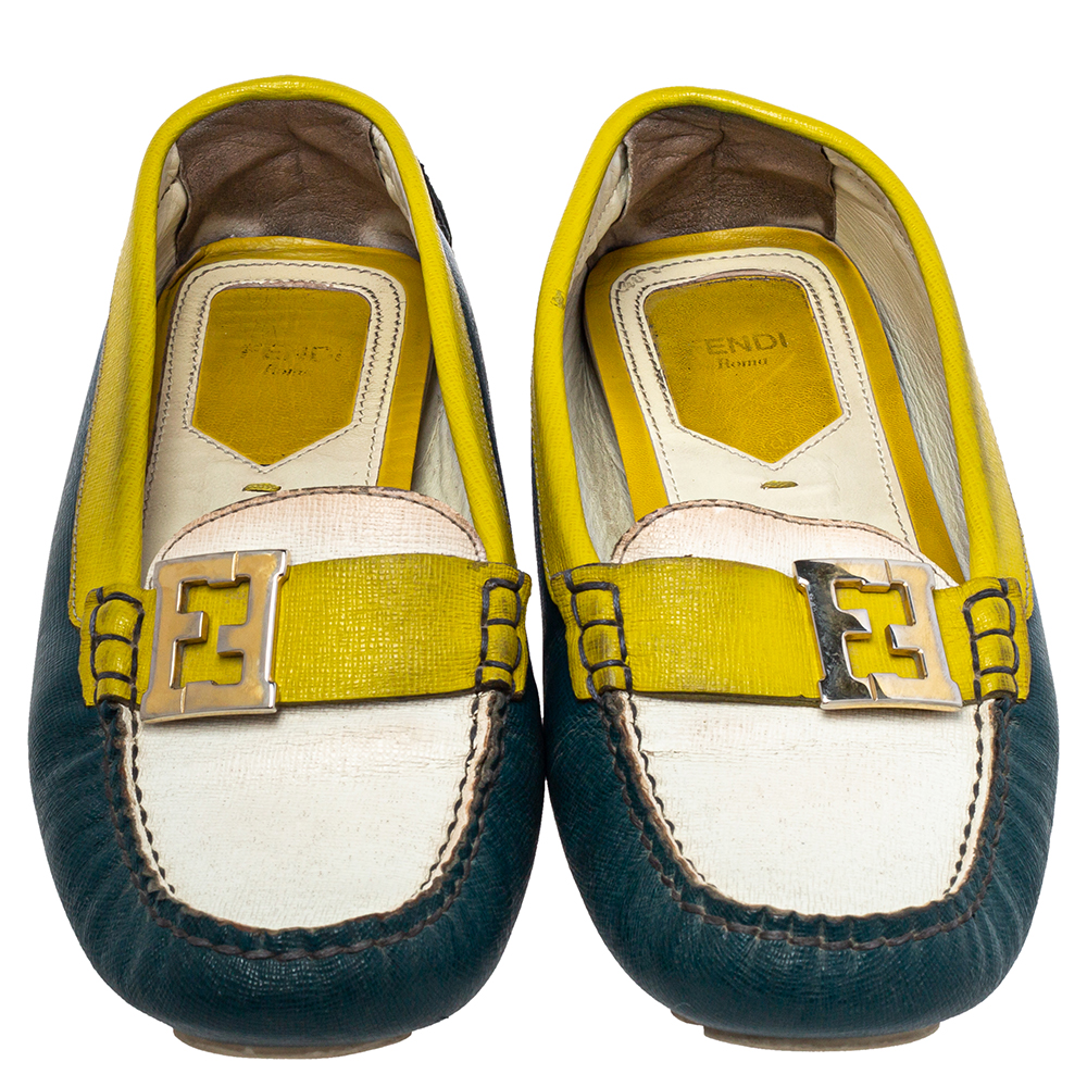 Fendi Multicolor  Leather  Slip On FF Logo Loafers Size 36