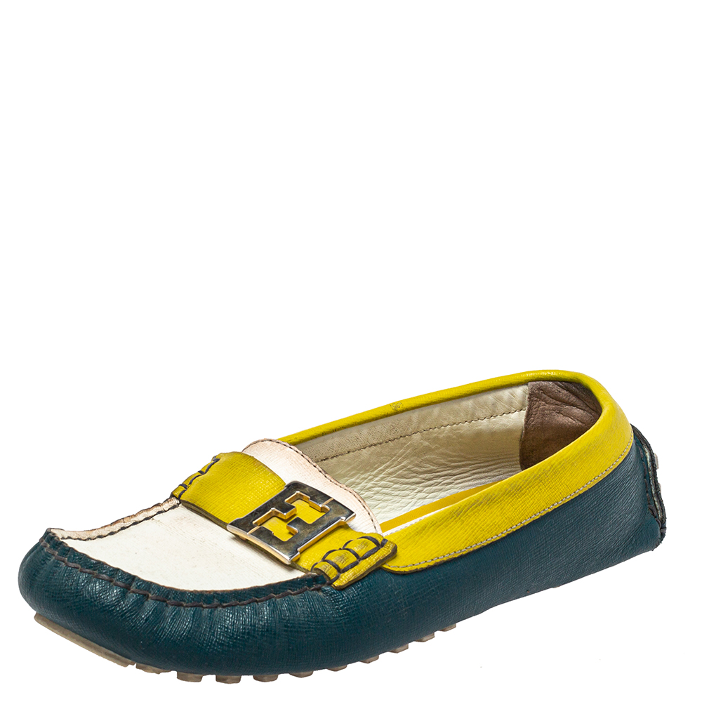 Fendi Multicolor Leather Slip On FF Logo Loafers Size 36