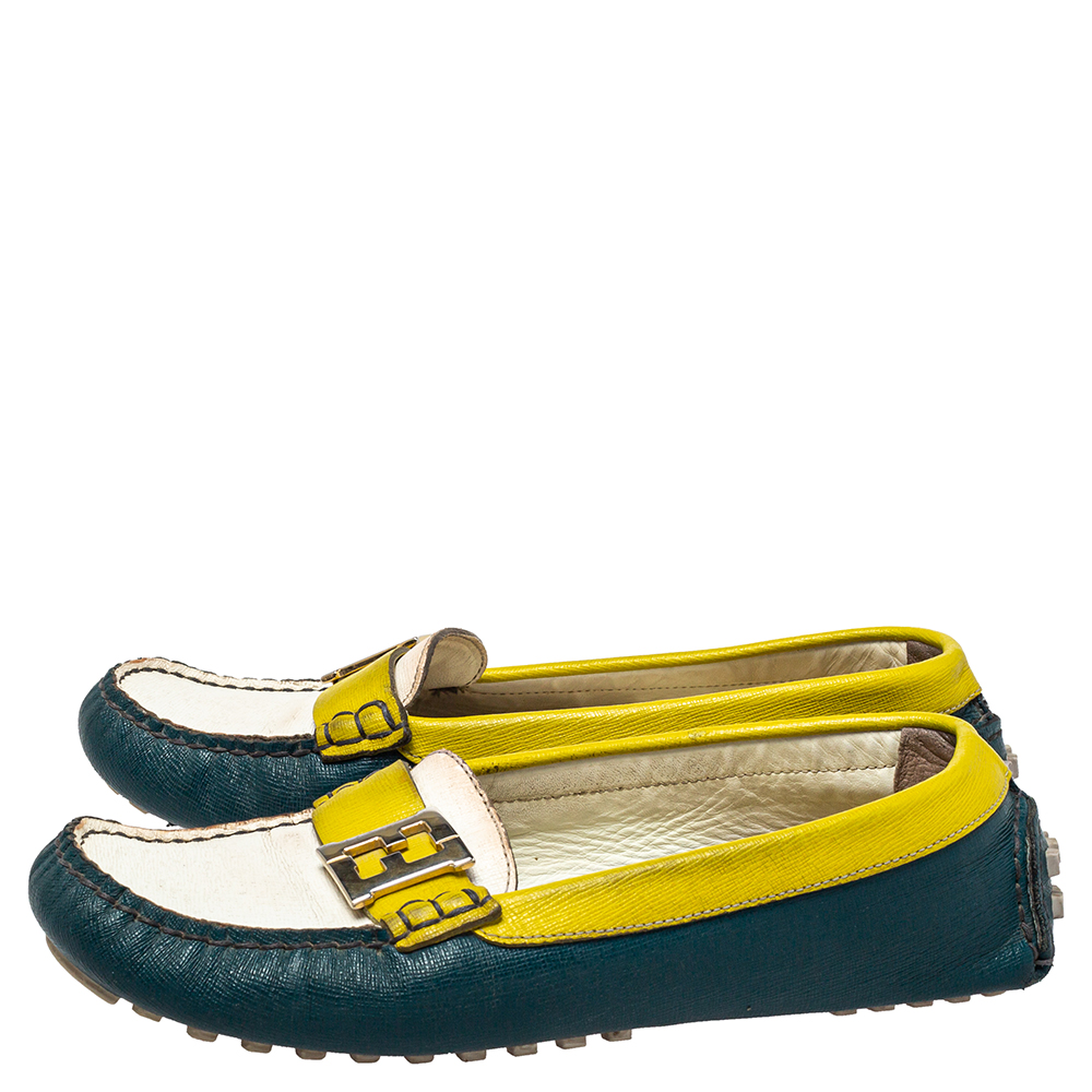 Fendi Multicolor  Leather  Slip On FF Logo Loafers Size 36