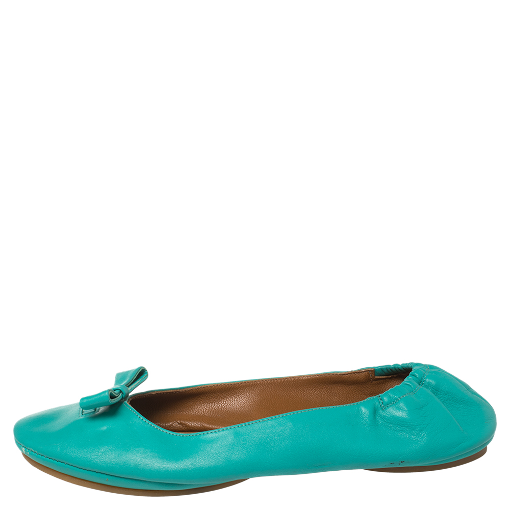 Fendi Turquoise Leather Bow Scrunch Ballet Flats Size 40