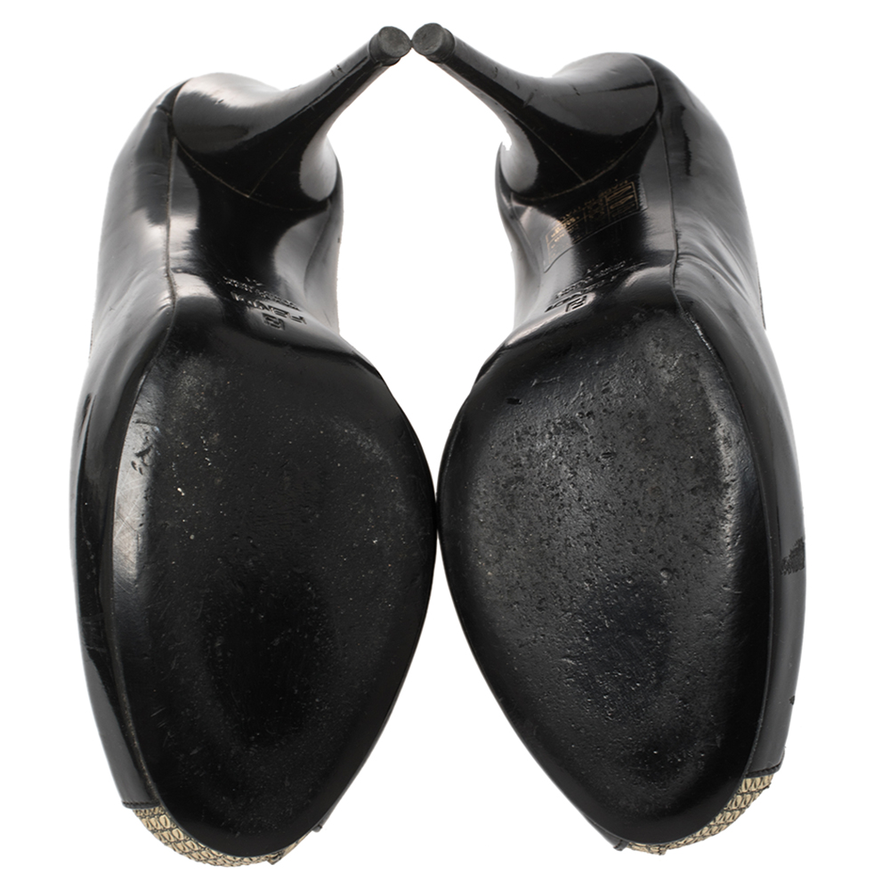 Fendi Black Patent And Textured Leather Peep Toe Platform Pumps Size 41