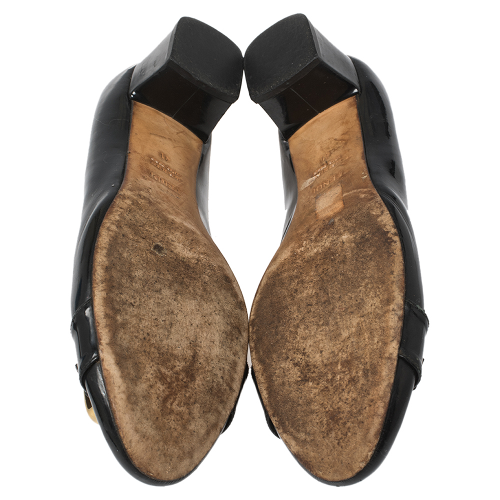 Fendi Black Patent Leather Buckle Detail Block Heel Pumps Size 41