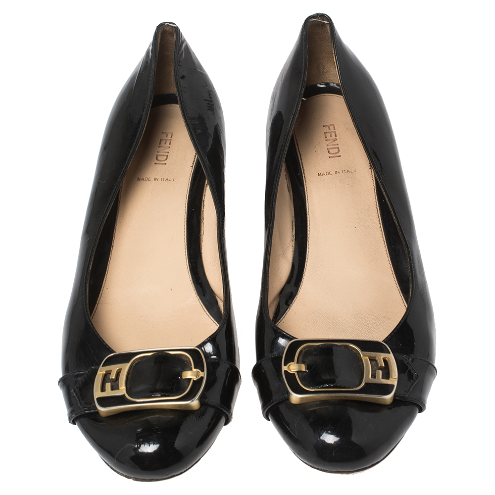 Fendi Black Patent Leather Buckle Detail Block Heel Pumps Size 41