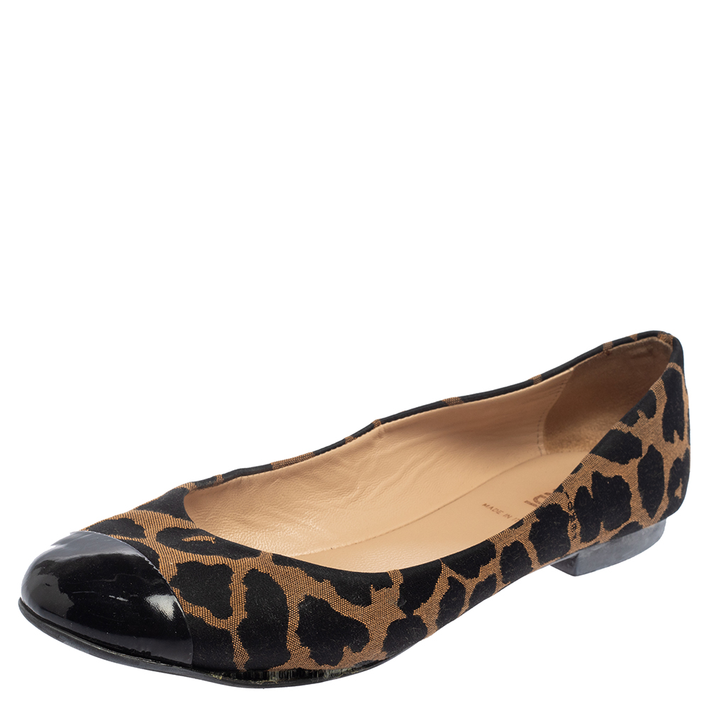 Fendi Brown/Black Patent Leather And Canvas Leopard Print Cap Toe Ballet Flats Size 41