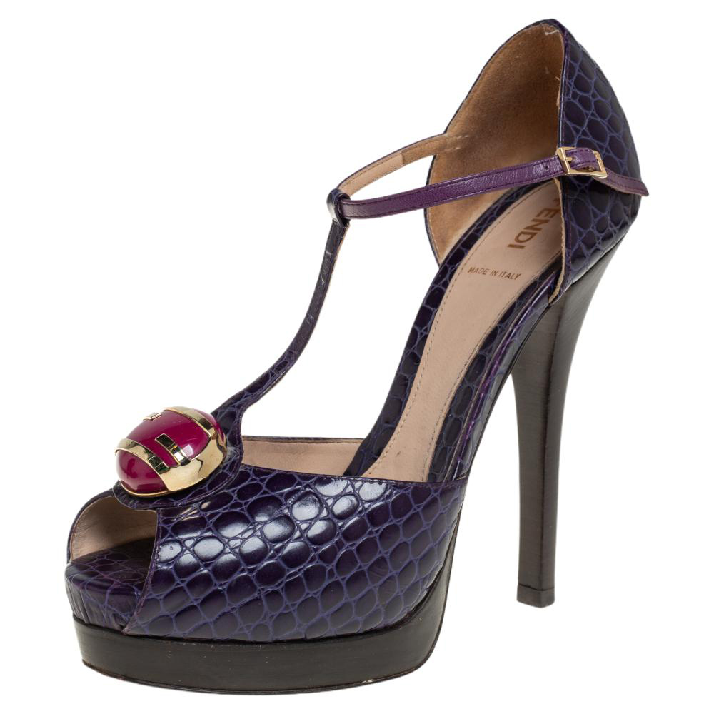Fendi Purple Croc Embossed Leather Embellished T-Strap Platform Sandals Size 38.5