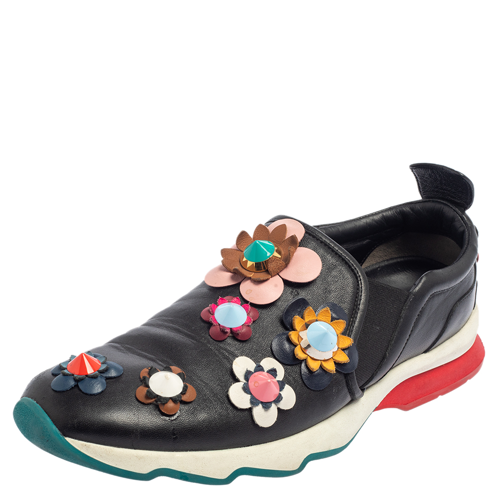 Fendi Black Leather Flowerland Low Top Sneakers Size 41
