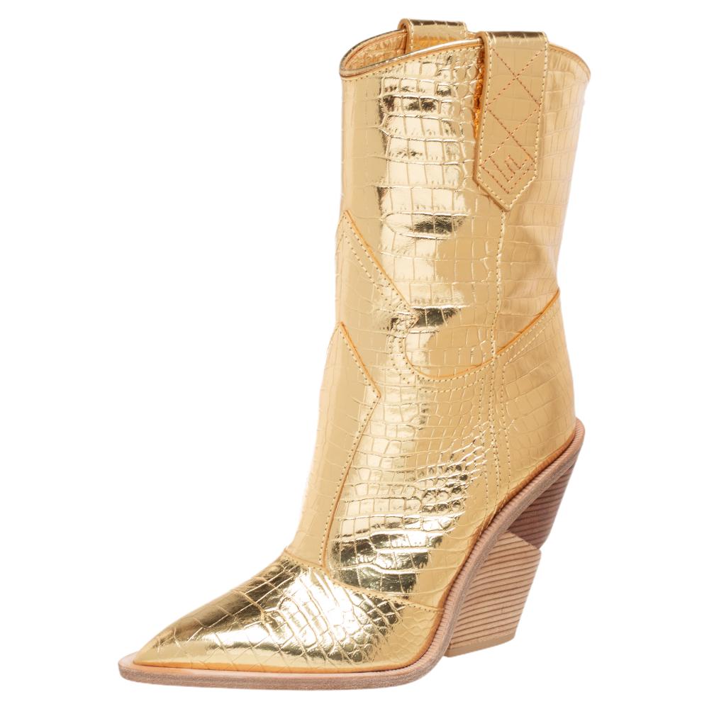 Fendi Gold Croc Embossed Leather Cowboy Boots Size 39