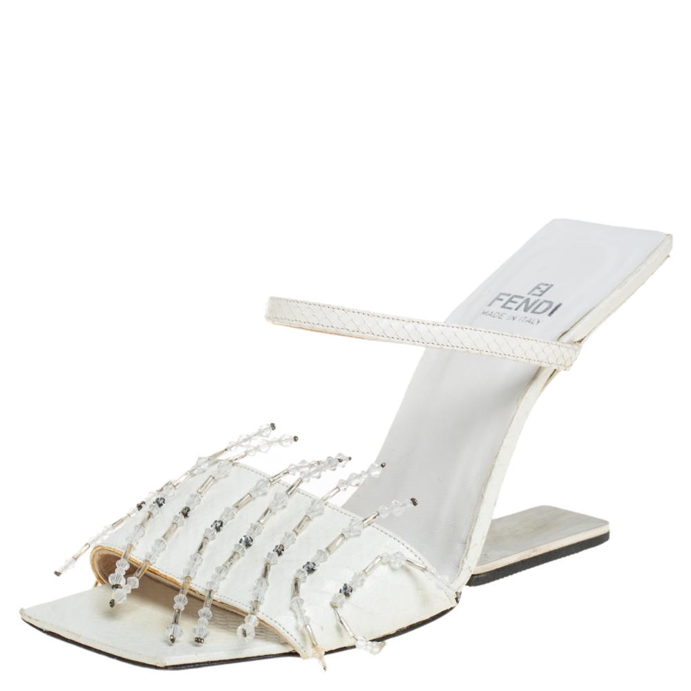 Fendi White Python Leather Embellished Mules Sandals Size 38