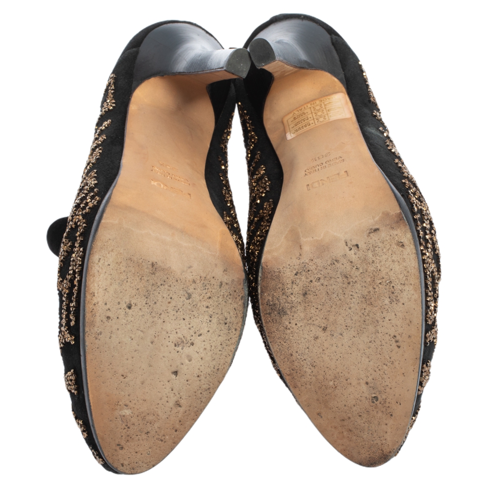 Fendi Black Suede Crystal Embellished Platform Ankle Booties Size 38.5