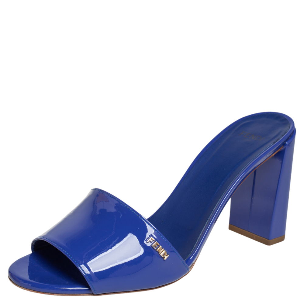Fendi Blue Patent Leather Open Toe Block Heel Slide Sandals Size 39