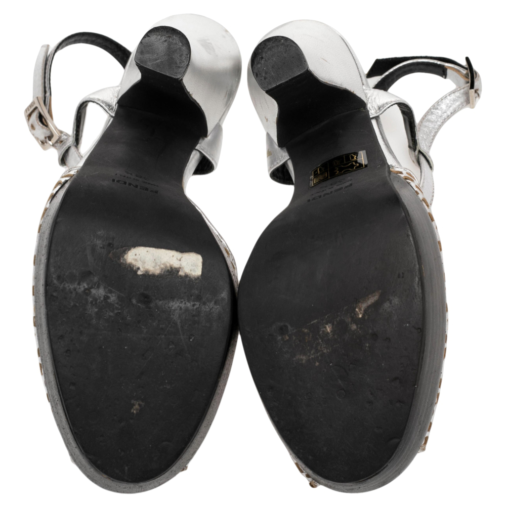Fendi Metallic Silver Laser-Cut Leather T-Strap Peep Toe Platform Sandals Size 38.5