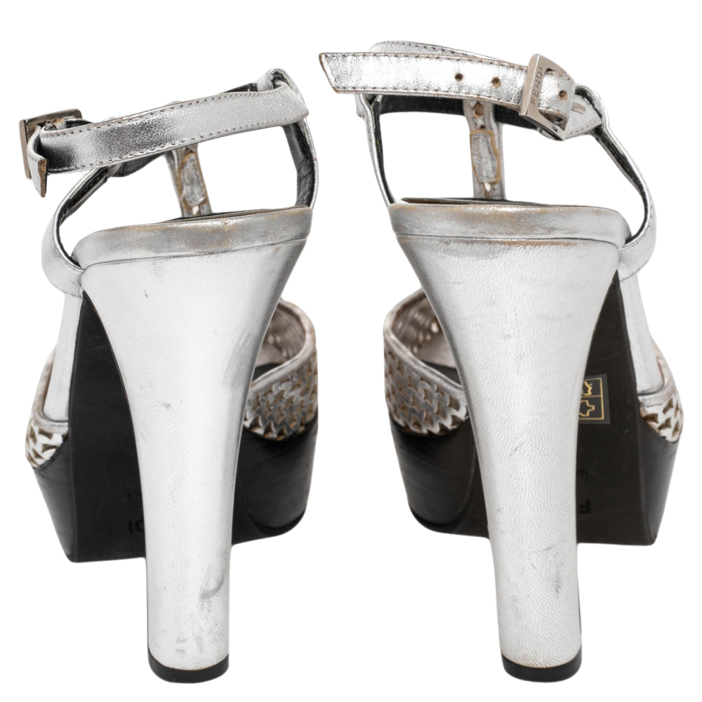 Fendi Metallic Silver Laser-Cut Leather T-Strap Peep Toe Platform Sandals Size 38.5