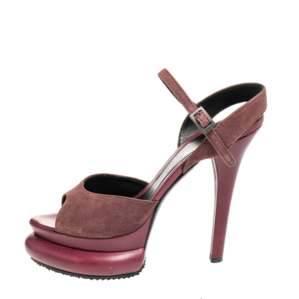 Fendi Burgundy Suede Platform  Ankle Strap Sandals Size 37