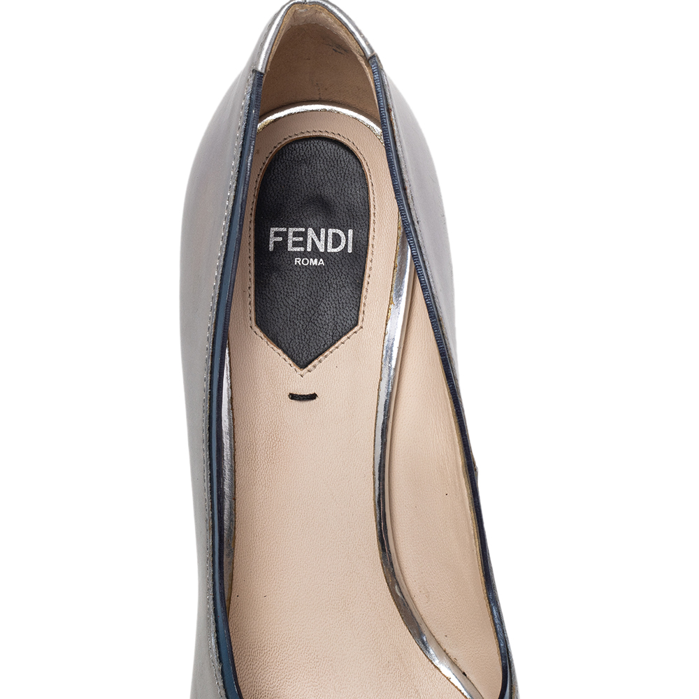 Fendi Silver Leather Fendista Peep Toe Platform Pumps Size 37