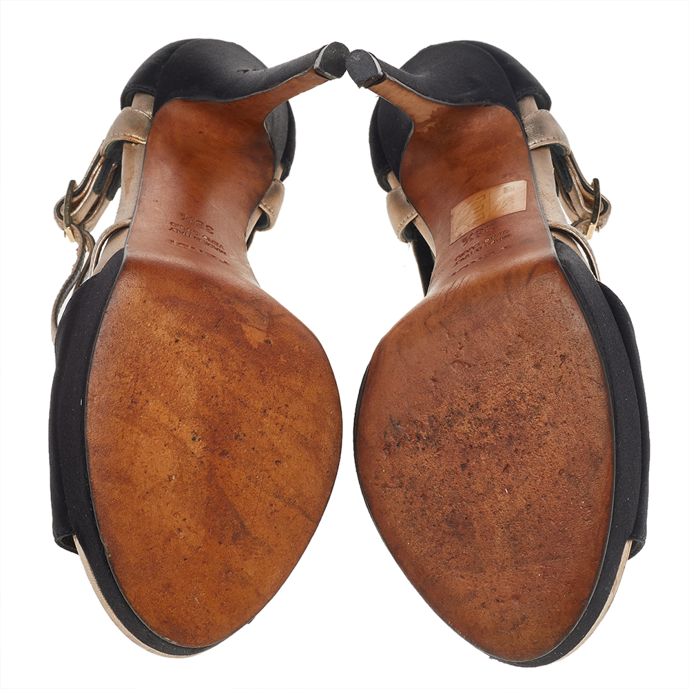 Fendi Black Satin And Leather T Strap Sandals Size 36.5