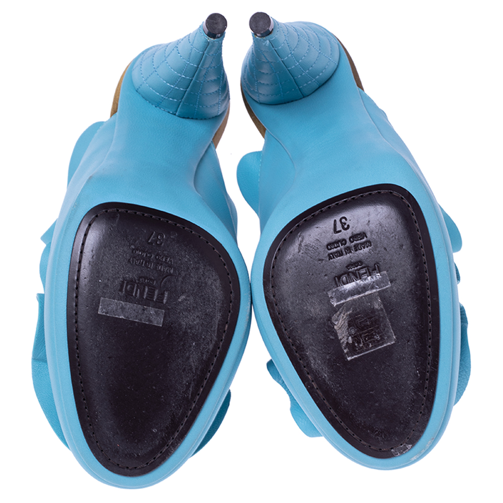 Fendi Blue Leather Stocking Heel Mule Sandals Size 37