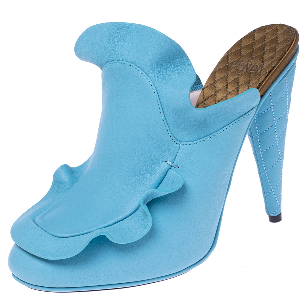 Fendi blue leather stocking heel mule sandals size 37