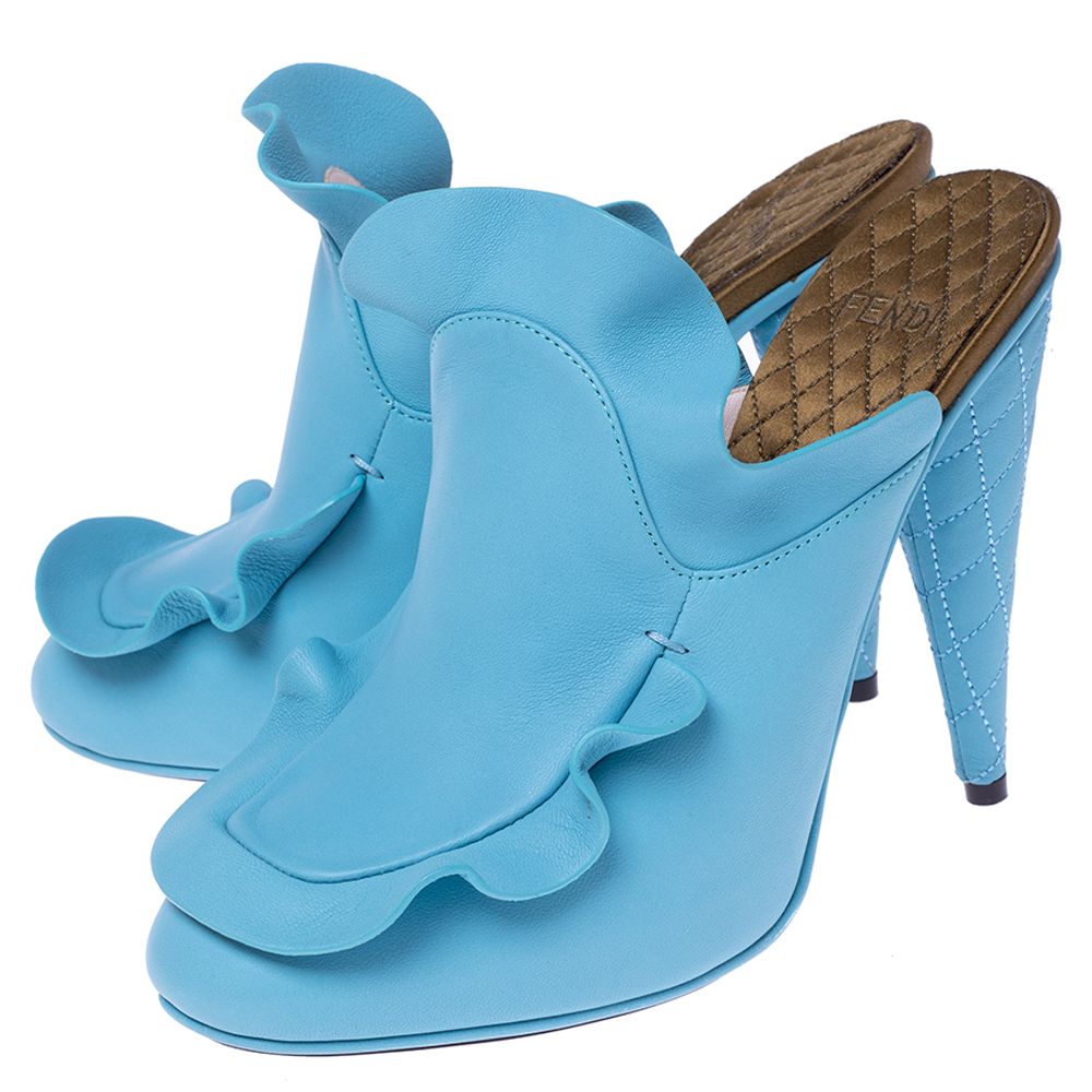 Fendi Blue Leather Stocking Heel Mule Sandals Size 37