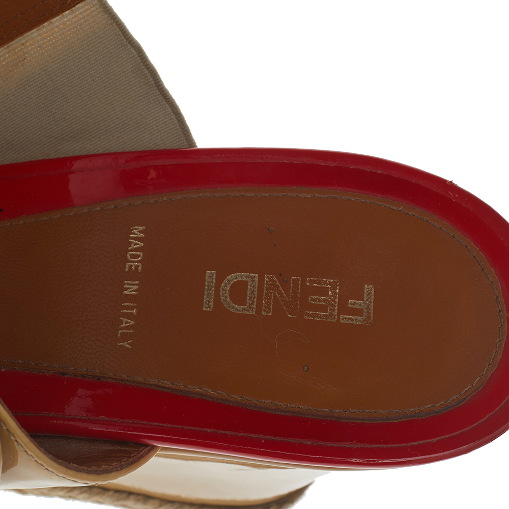 Fendi Orange-Beige Patent Leather Buckle Strap Wedge Espadrille Sandals Size 39