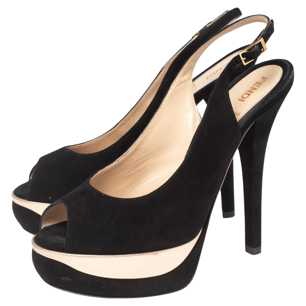 Fendi Black Suede Platform Slingback Sandals Size 38.5