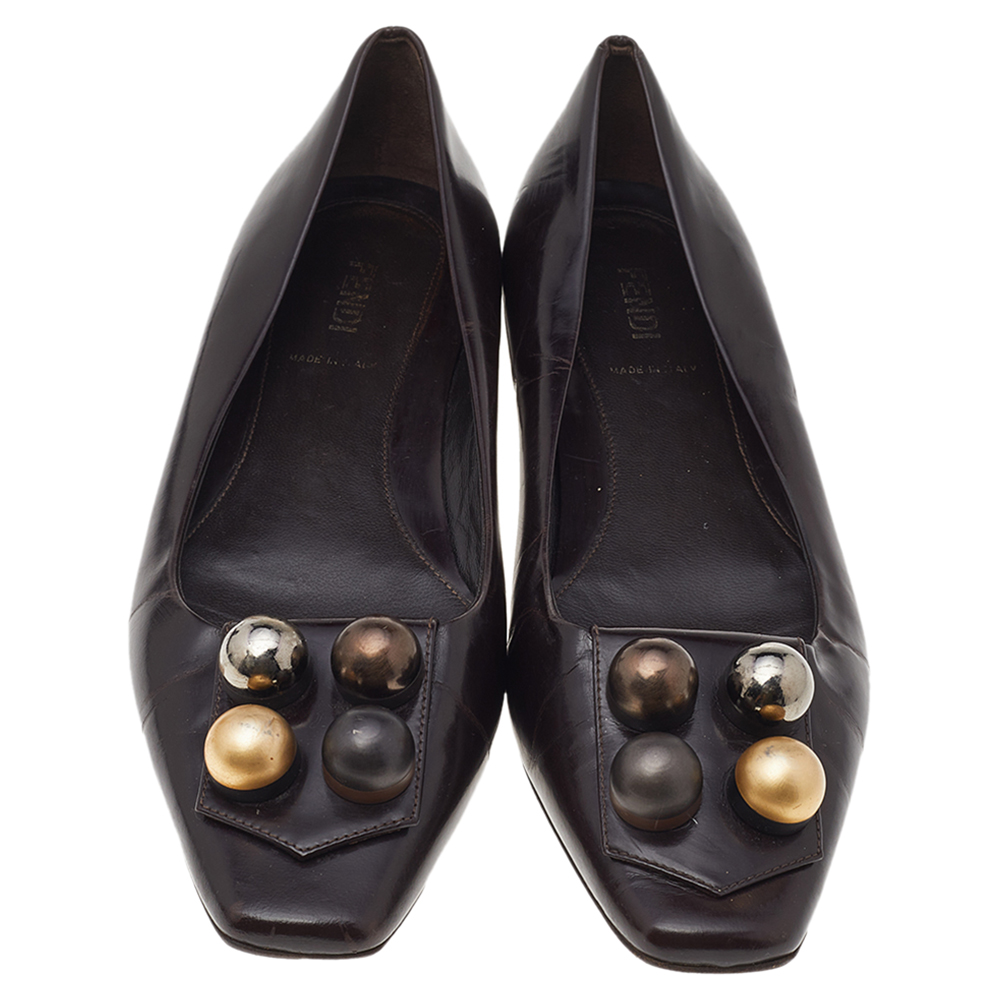 Fendi Dark Brown Leather Embellished Ballet Flats Size 39