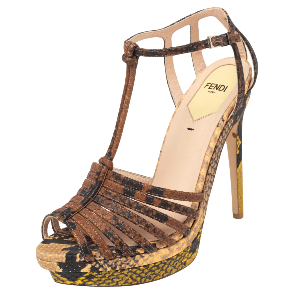 Fendi Brown/Yellow Python Embossed Leather Strappy Platform Sandals Size 37