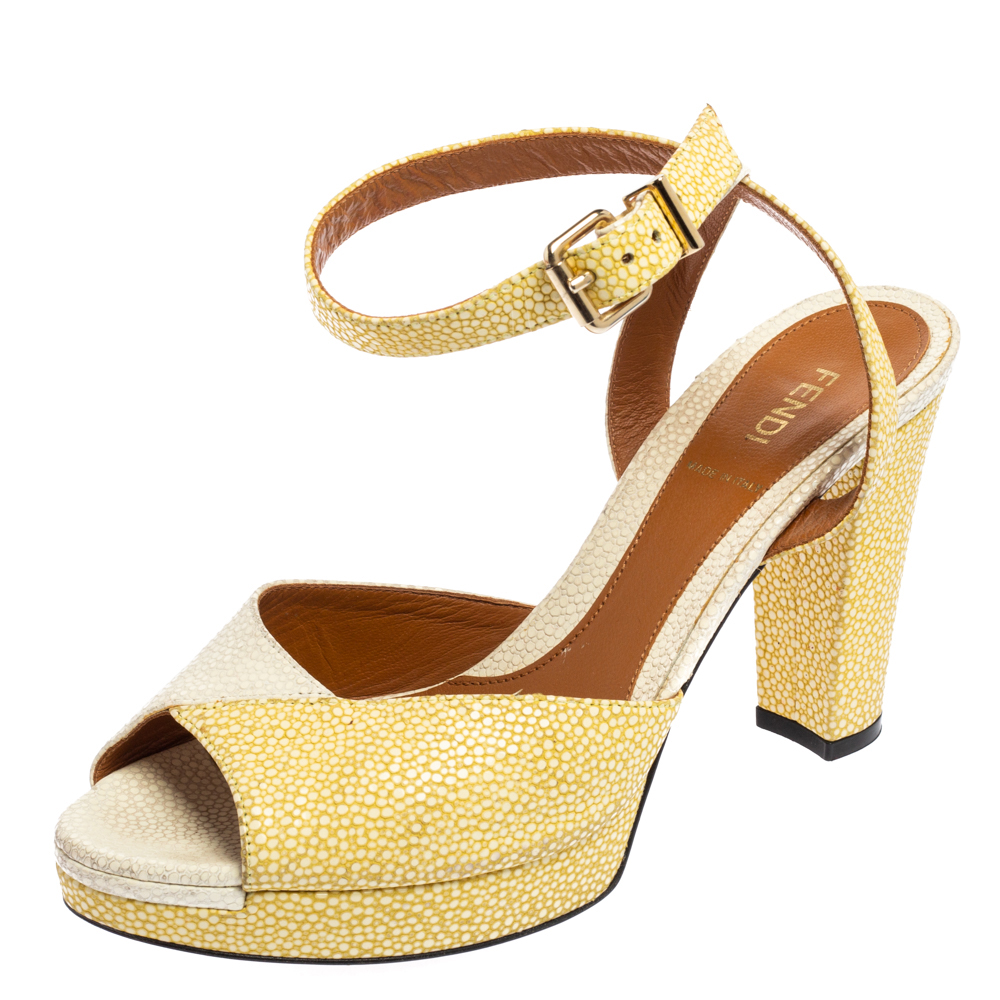 Fendi white/yellow stingray embossed leather ankle strap platform sandals size 38.5