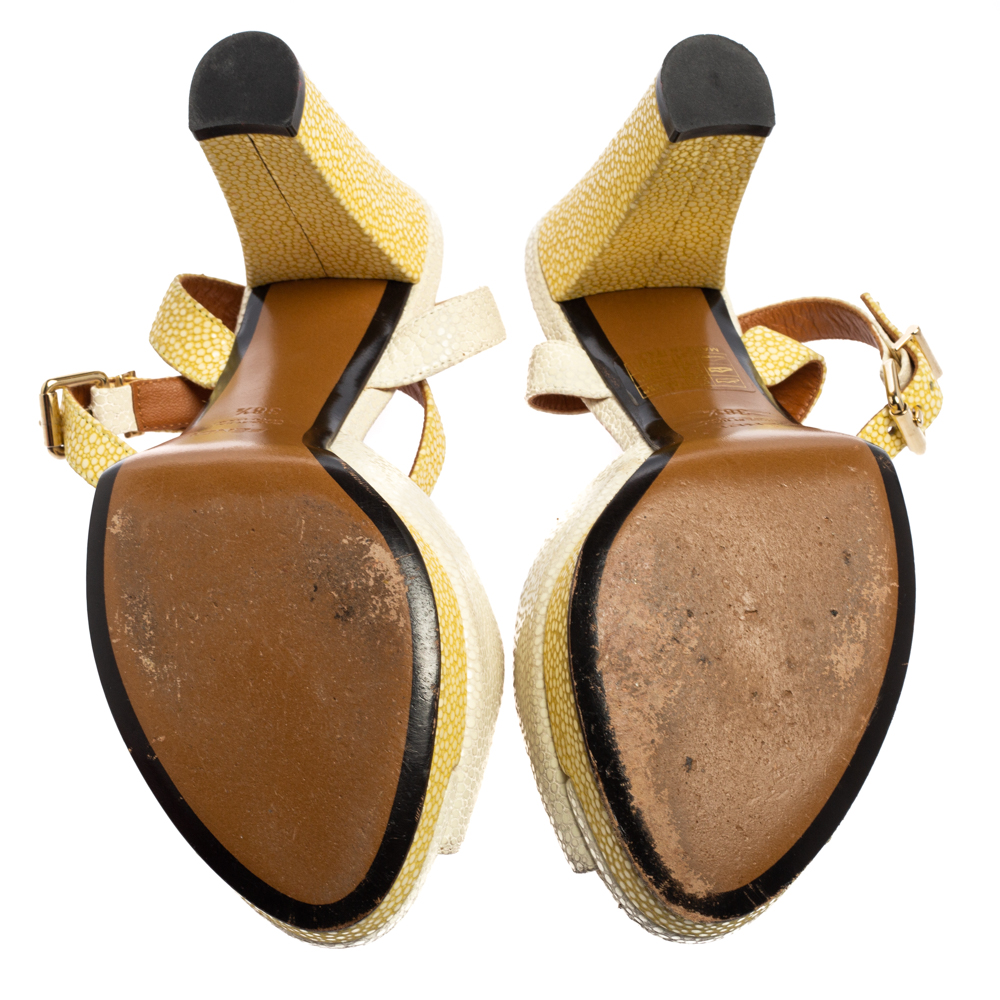 Fendi White/Yellow Stingray Embossed Leather Ankle Strap Platform Sandals Size 38.5