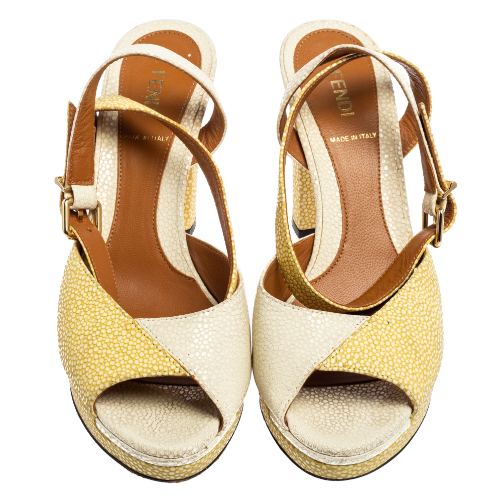 Fendi White/Yellow Stingray Embossed Leather Ankle Strap Platform Sandals Size 38.5