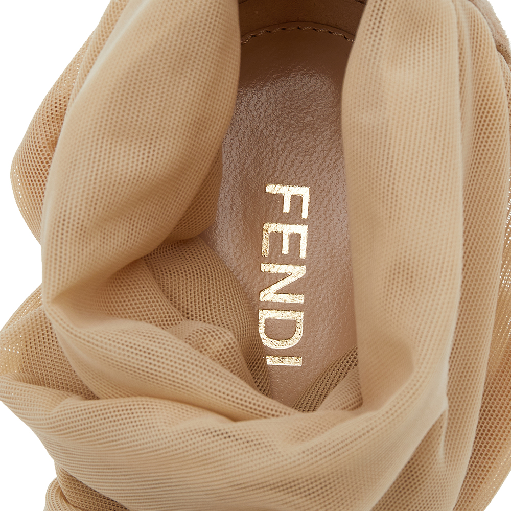 Fendi Beige Suede, Stretch Fabric, And Net Strappy Platform Sandals Size 39.5