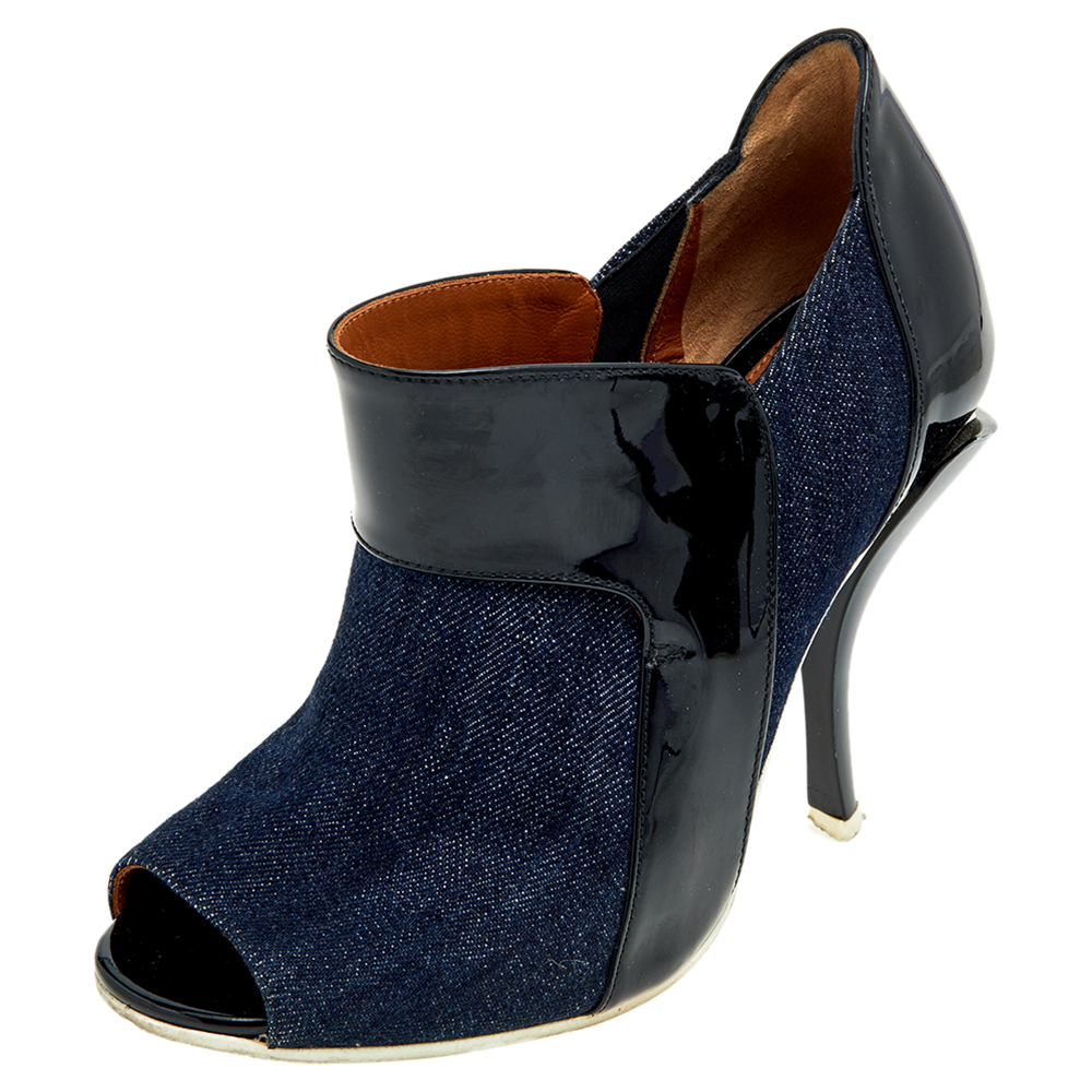 Fendi blue/black denim and patent leather peep toe booties size 36