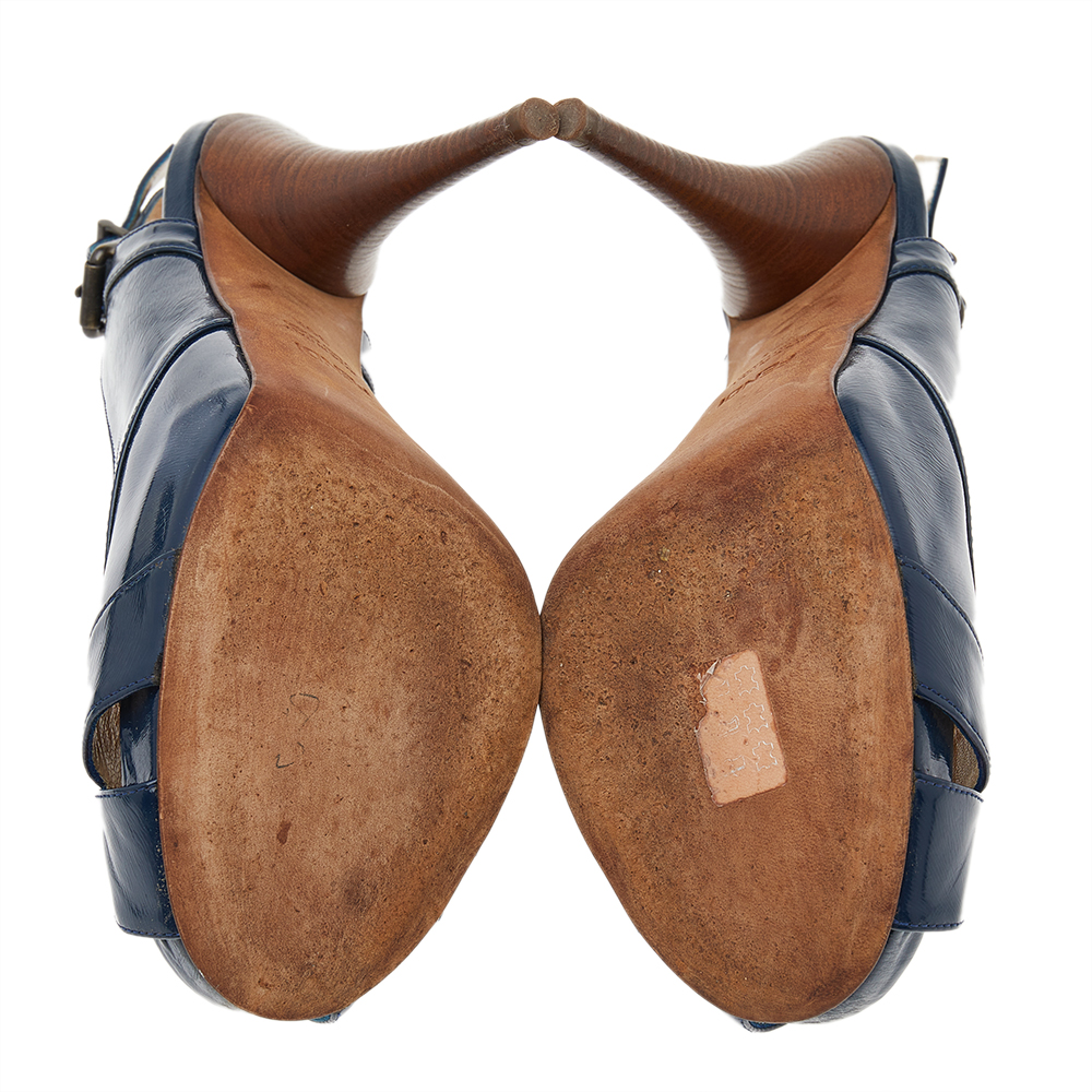 Fendi Blue Patent Leather Peep Toe Slingback Sandals Size 39.5