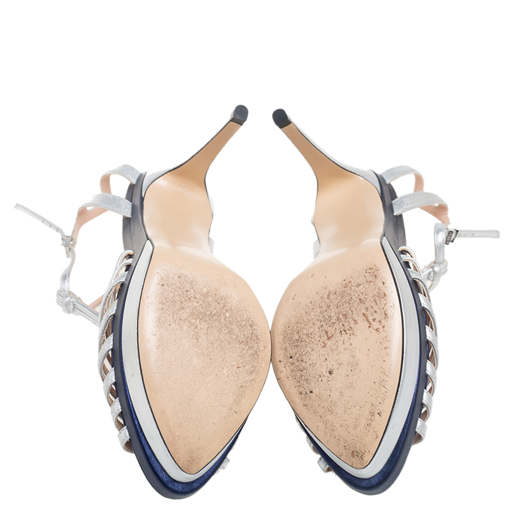 Fendi Metallic Silver Leather T- Strap Platform Sandals Size 38