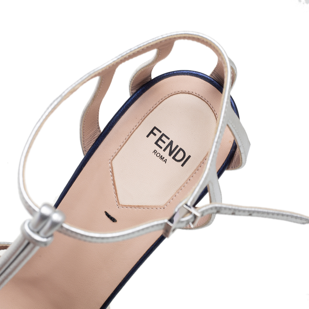 Fendi Metallic Silver Leather T- Strap Platform Sandals Size 38