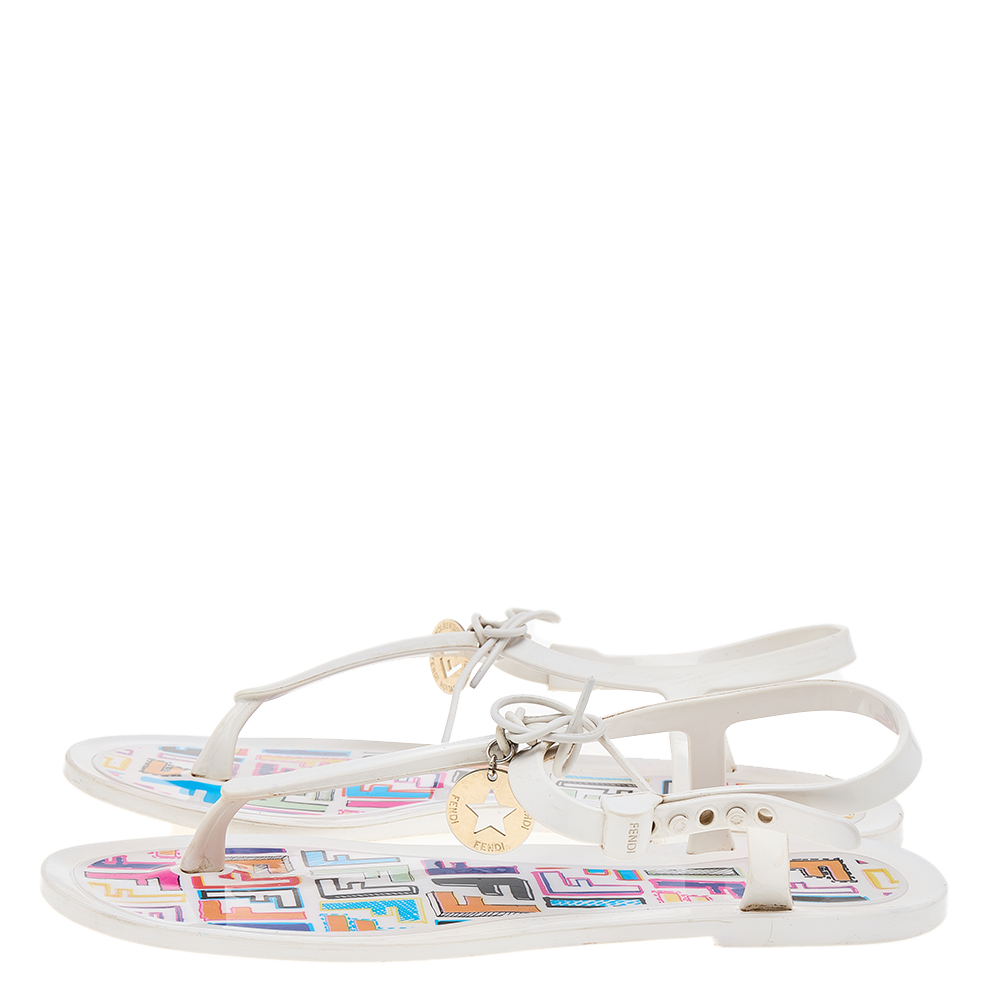 Fendi White Jelly Logo Charm Sunny Thong Flat Sandals Size 39