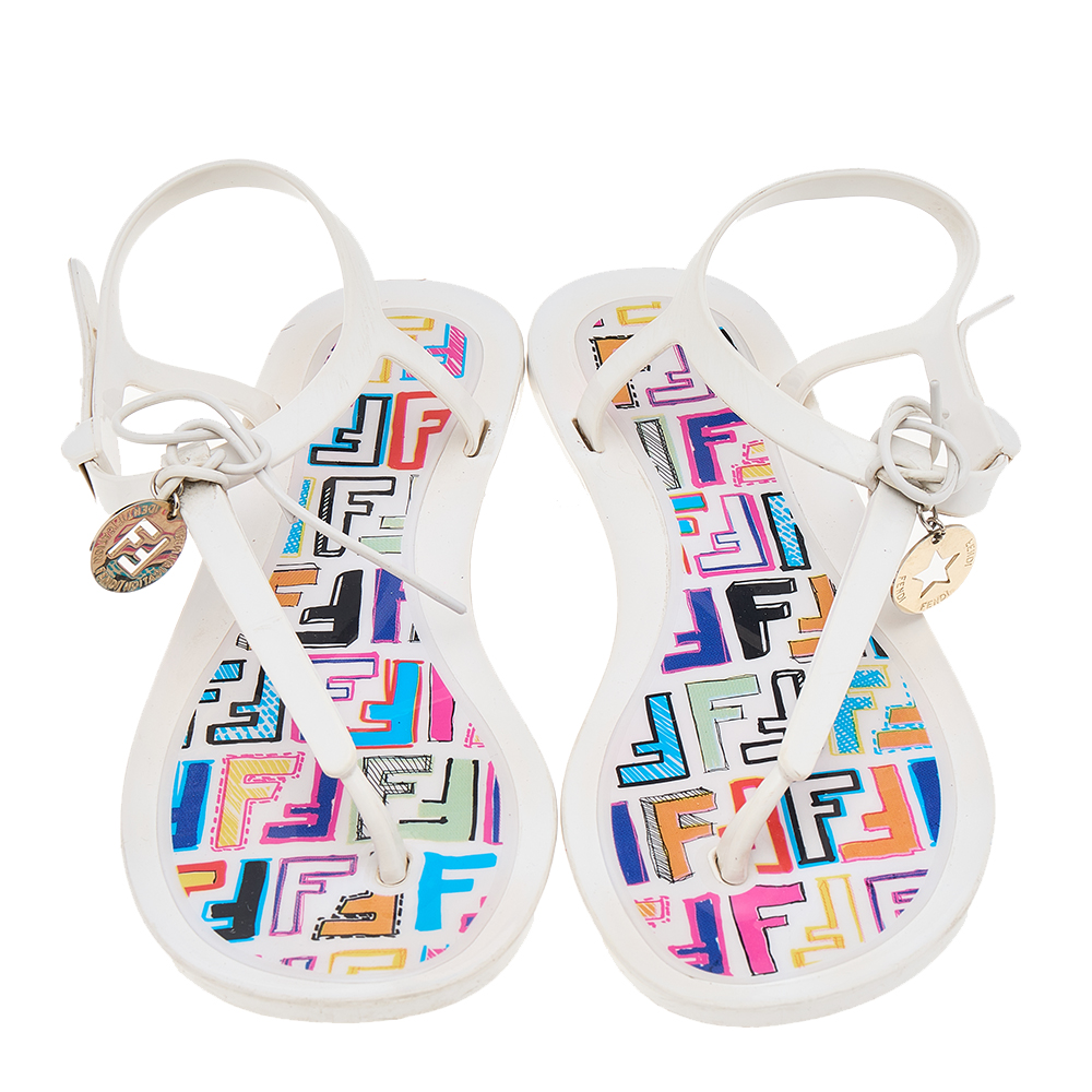 Fendi White Jelly Logo Charm Sunny Thong Flat Sandals Size 39
