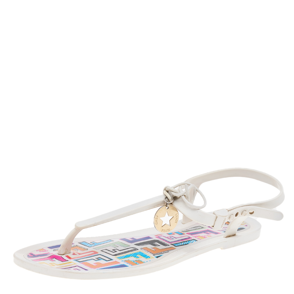 Fendi white jelly logo charm sunny thong flat sandals size 39