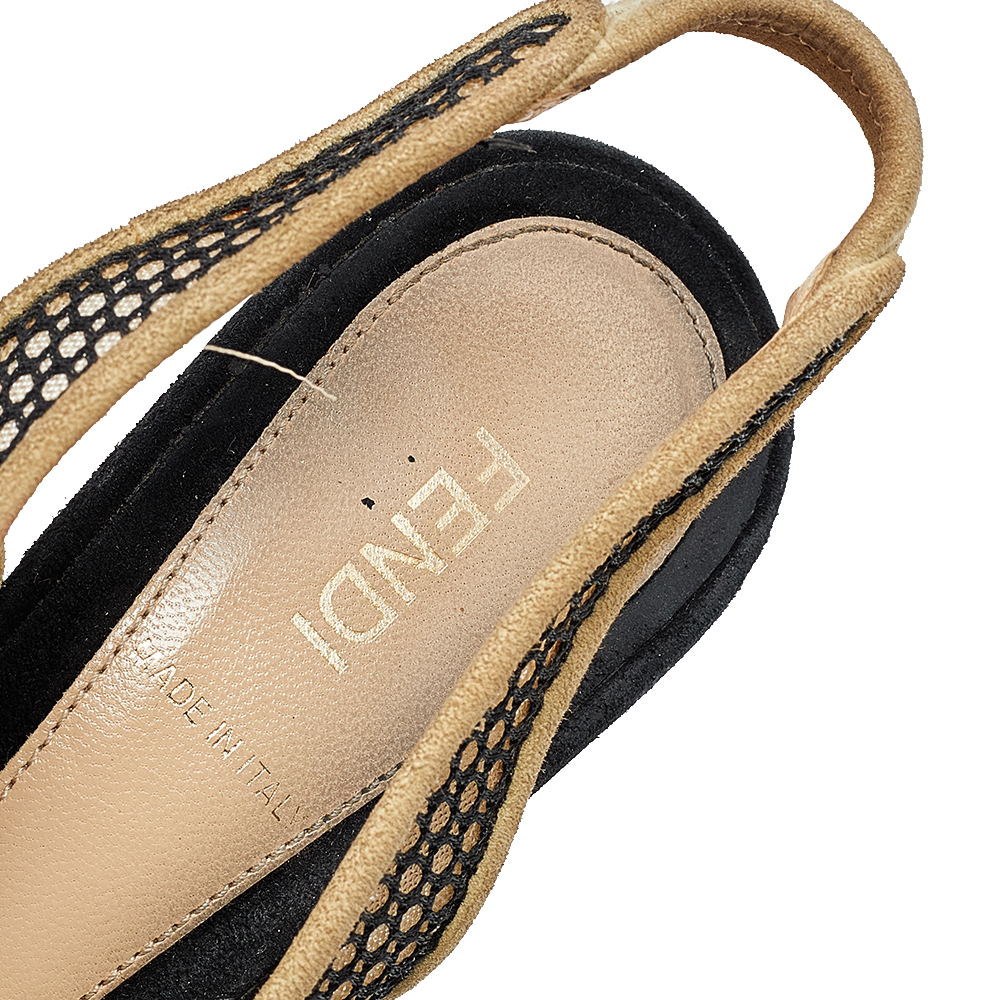 Fendi Beige/Black Suede And Mesh Platform Slingback Sandals Size 38