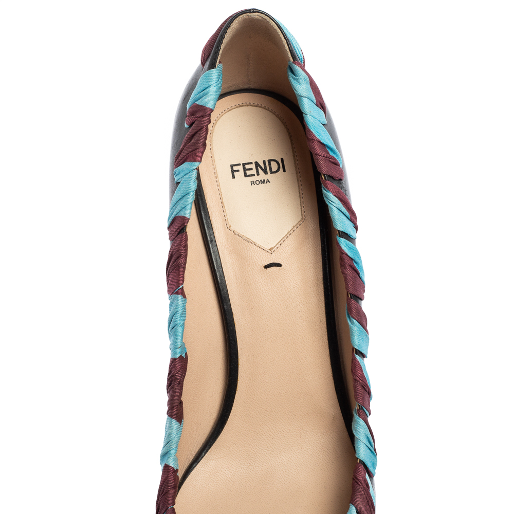 Fendi Black Leather And Woven Fabric Bow Pointed-Toe Pumps Size 38